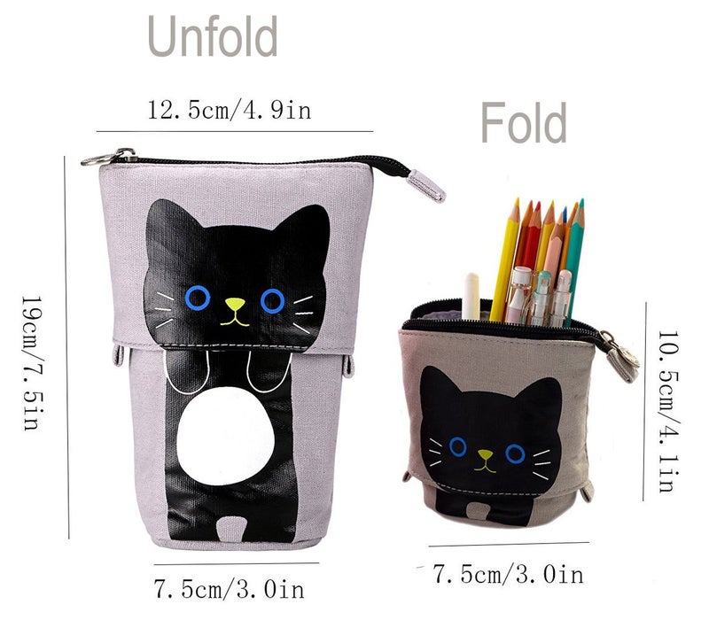 Ytuomzi Telescopic Pencil Pouch Standing Pen Holder Cute Pencil Bags Stand Up Pen Case Cartoon Pencil/Pens Storage Box Canvas+PU Stationery Organizer Makeup Bag with Zipper Closure (Gray) - Image 2